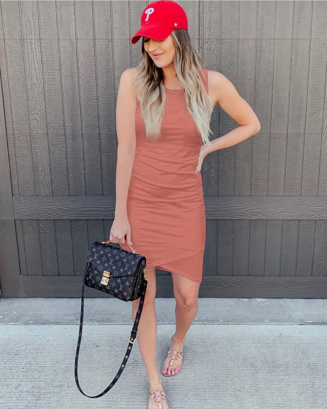 BTFBM Women 2025 Summer Sleeveless Tank Dresses Crew Neck Slim Fit Short Casual Ruched Bodycon Party Club Mini Dress
