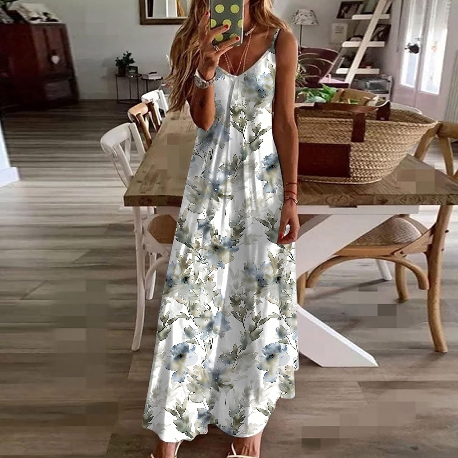 Womens Floral Maxi Dresses Spaghetti Strap Casual Summer Long Dress Vneck Flowy Boho Beach Sundress Vacation Outfits
