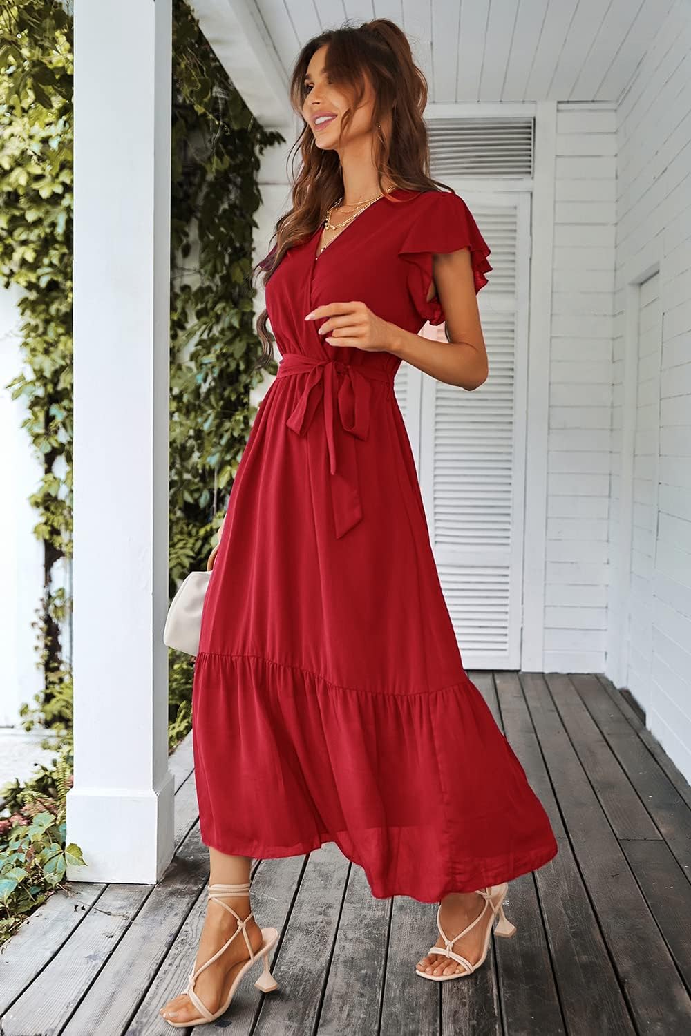 PRETTYGARDEN Women's Summer Floral Boho Dress Wrap V Neck Short Sleeve Ruffle A-Line Flowy Maxi Wedding Guest Dresses