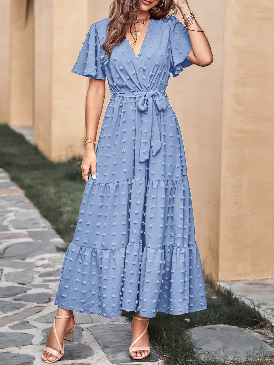 MASCOMODA Womens Boho Swiss Dot Maxi Dresses Wrap V Neck Flutter Short Sleeve Solid Tie Belt A Line Tiered Flowy Long Dress