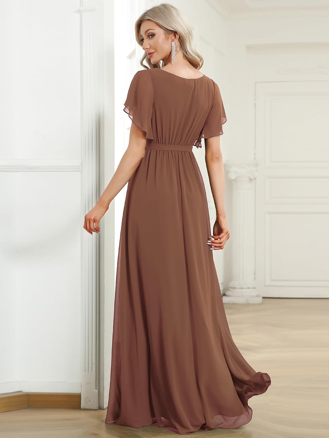 Ever-Pretty Women's Bridesmaid Dress V-Neck Ruffle Sleeves Ruched Bust Floor Length Chiffon Formal Dresses 0164A