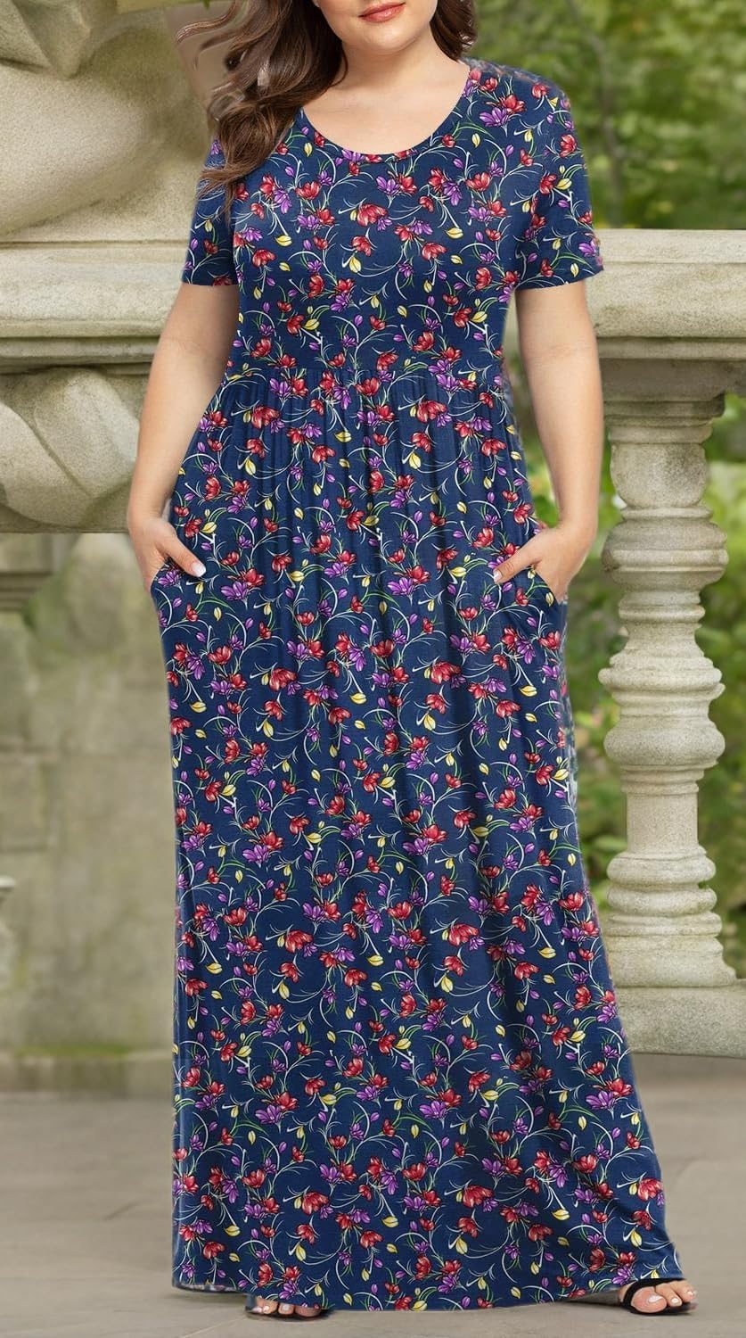 LONGYUAN Women's Plus Size Maxi Dresses for Curvy Women Summer Short Sleeve Casual 2025 Long Dress XL-6XL