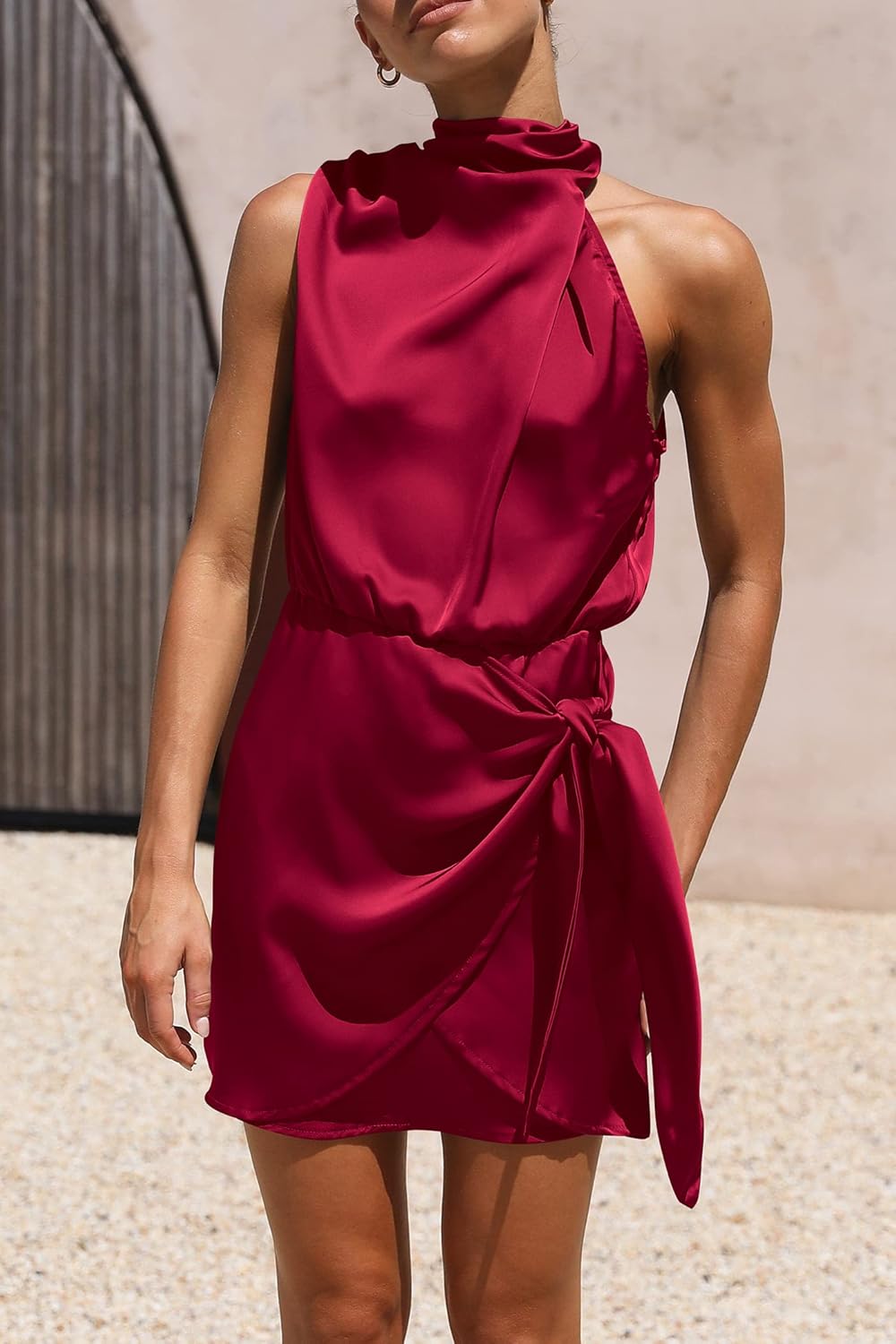 PRETTYGARDEN Women's Short Formal Satin Dress Summer Sleeveless Mock Neck Tie Waist Cocktail Party Dresses
