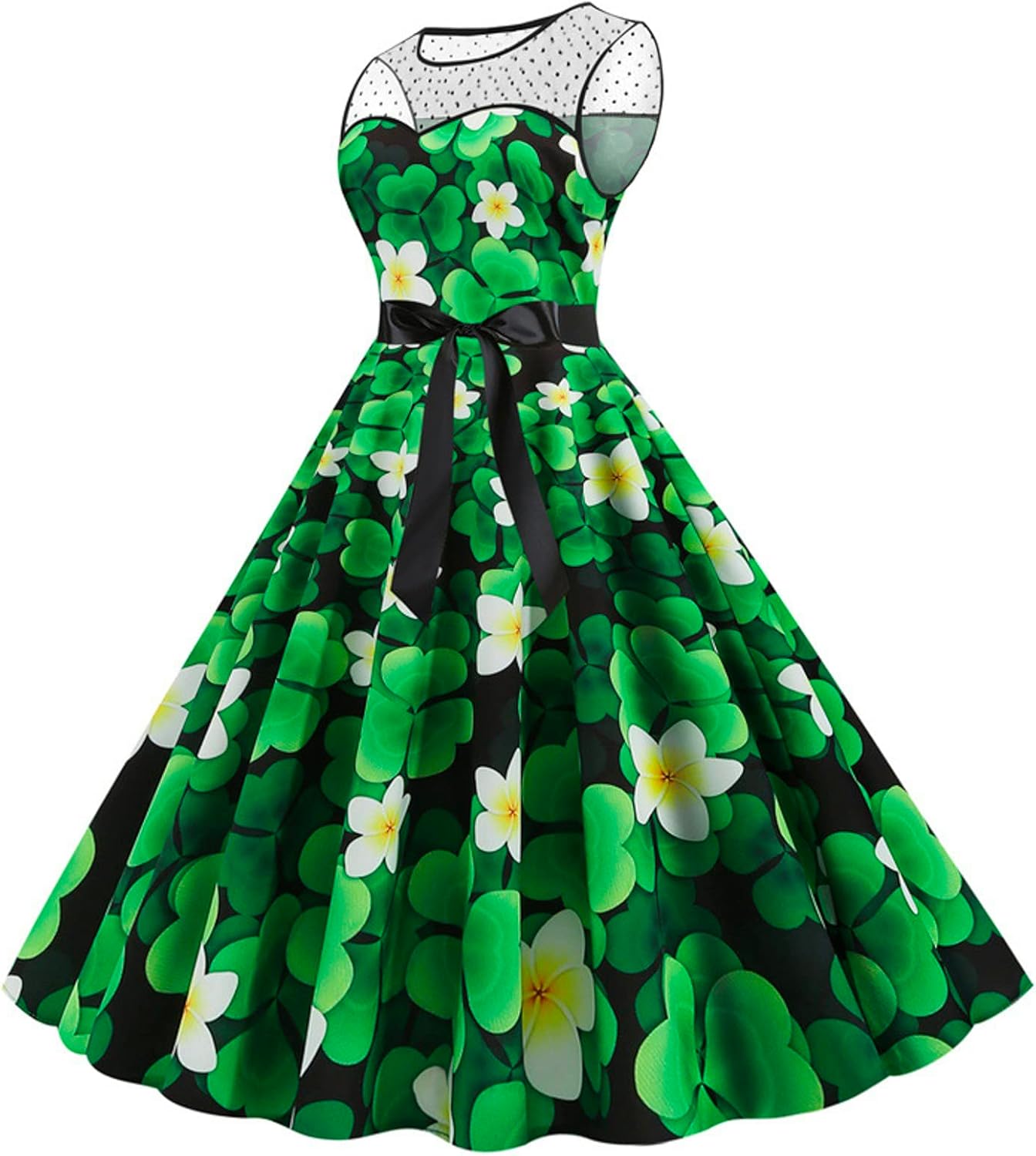 aihihe St Patricks Day Dress for Women A Line Pleated Hepburn Dress Lukcy Shamrock Print Irish Dress 2024 Vintage Dress