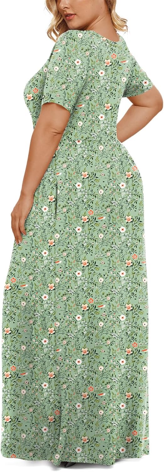 LONGYUAN Women's Plus Size Maxi Dresses for Curvy Women Summer Short Sleeve Casual 2025 Long Dress XL-6XL