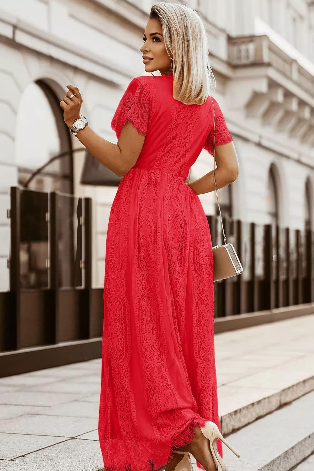 MEROKEETY Women's V Neck Short Sleeve Floral Lace Wedding Dress Bridesmaid Cocktail Party Maxi Dress