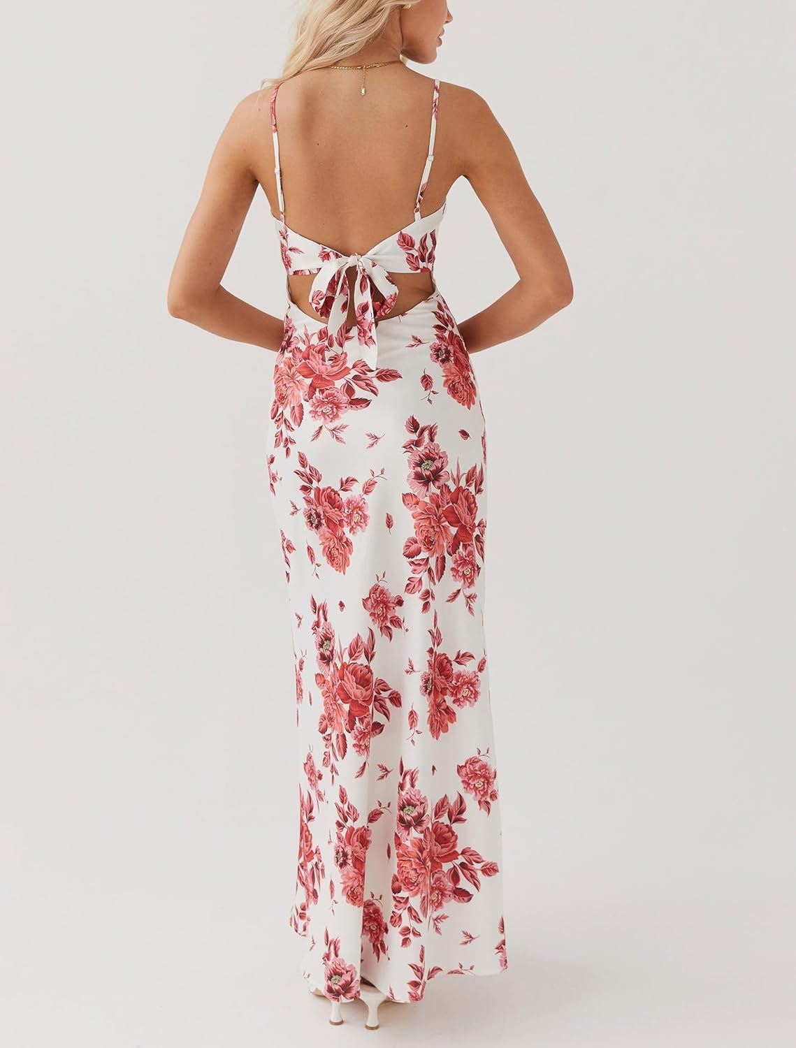 Luckinbaby Women Y2k Spaghetti Strap Maxi Dress V Neck Tie Front Cutout Long Cami Dress Backless Party Wedding Dress
