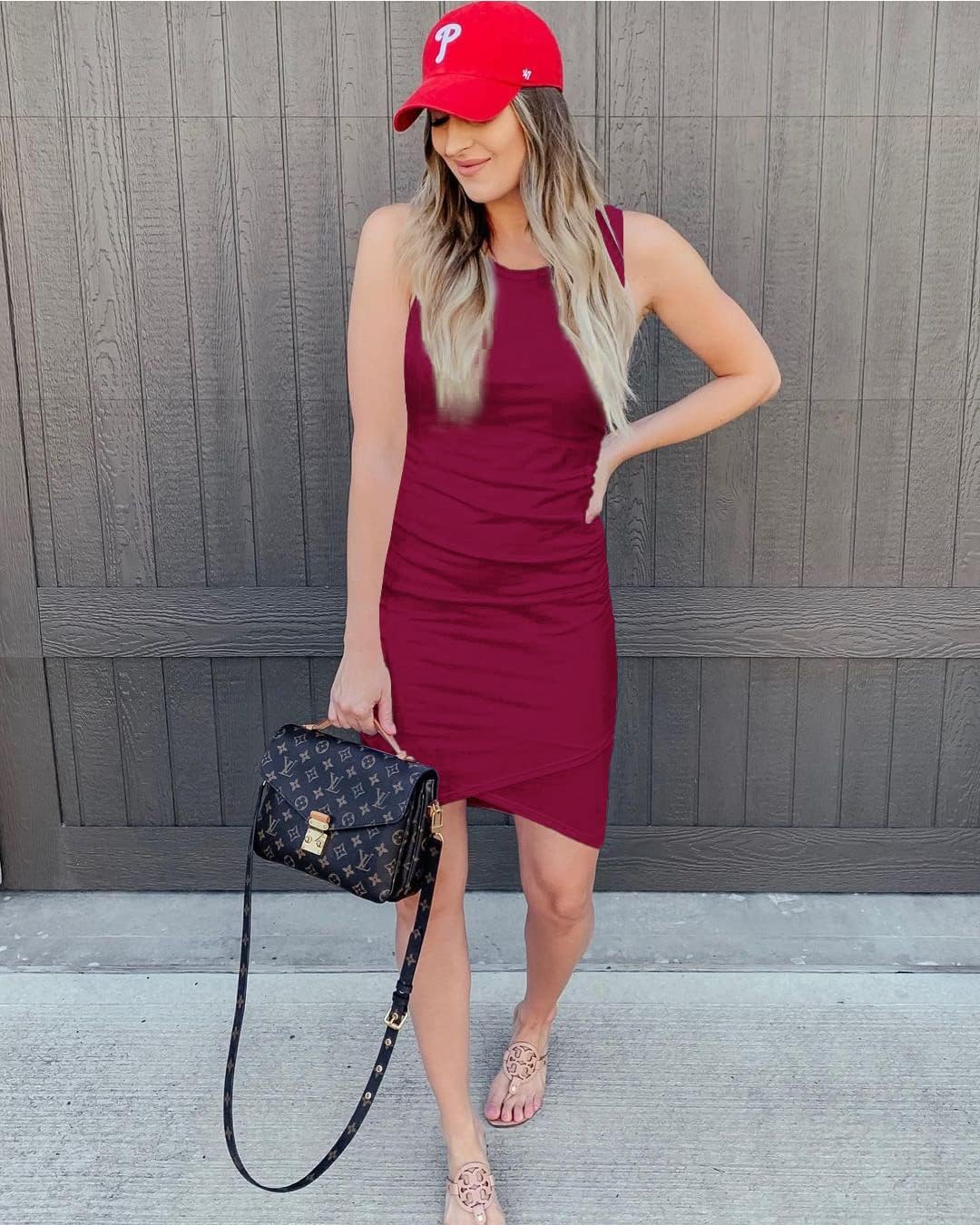 BTFBM Women 2025 Summer Sleeveless Tank Dresses Crew Neck Slim Fit Short Casual Ruched Bodycon Party Club Mini Dress