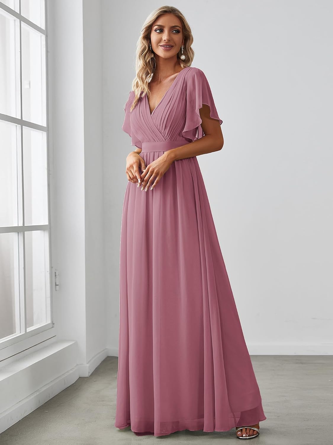 Ever-Pretty Women's Bridesmaid Dress V-Neck Ruffle Sleeves Ruched Bust Floor Length Chiffon Formal Dresses 0164A