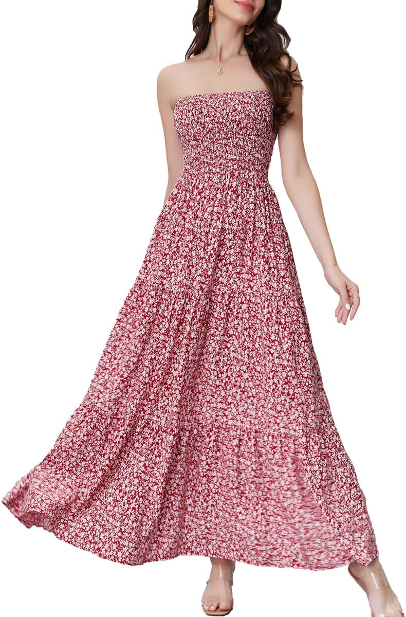 Women's Summer Strapless Tube Top Maxi Dresses Off Shoulder Boho Beach Long Dress