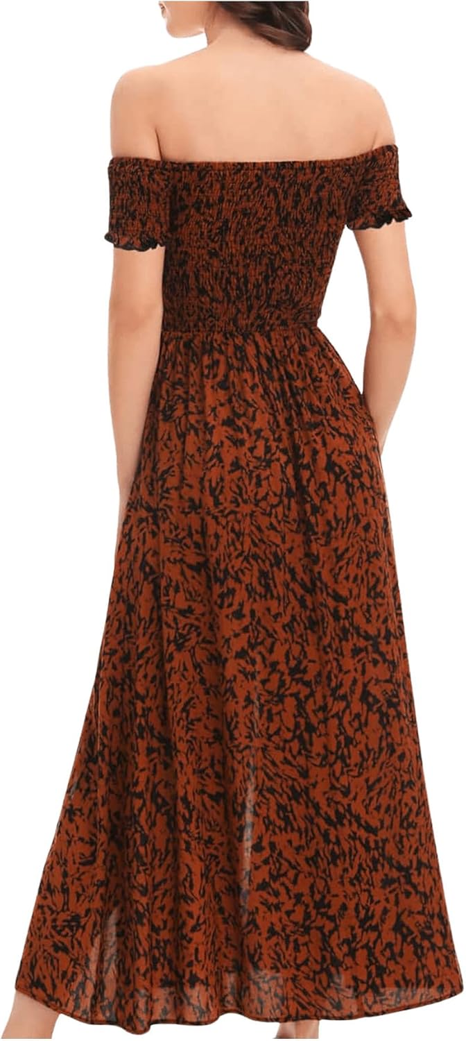 Floerns Women's Boho Floral Print Off Shoulder Split Long A Line Dress