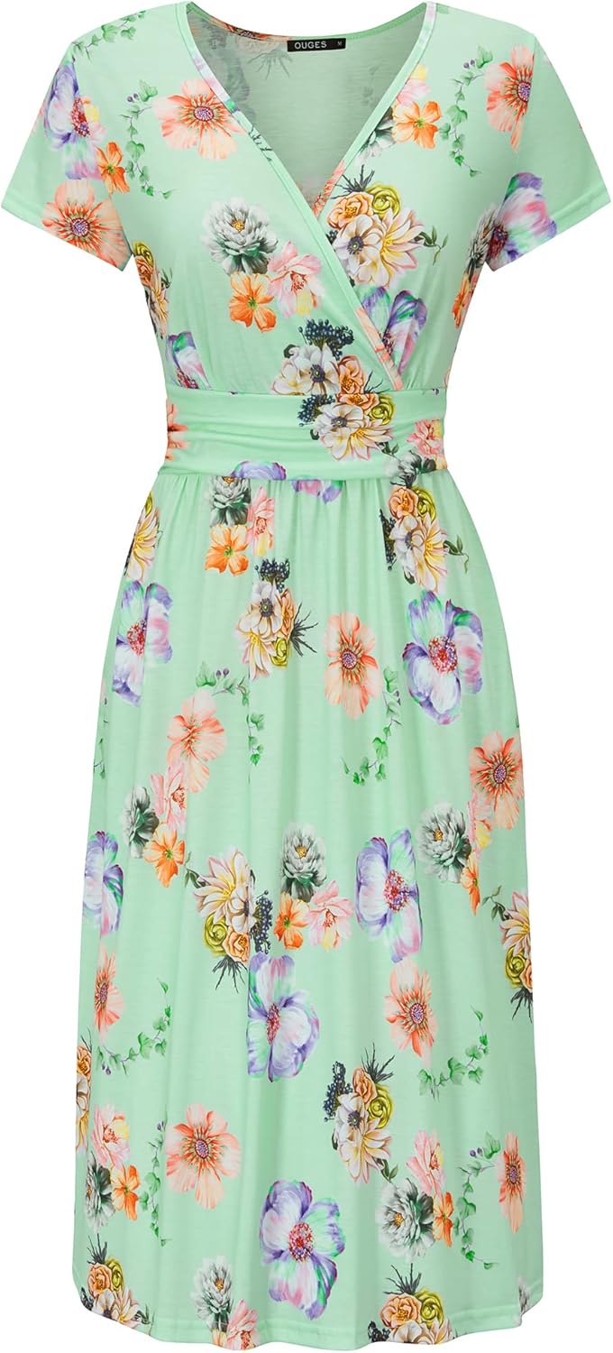 OUGES Women's Summer Short Sleeve V-Neck Floral Short Party Dress with Pockets
