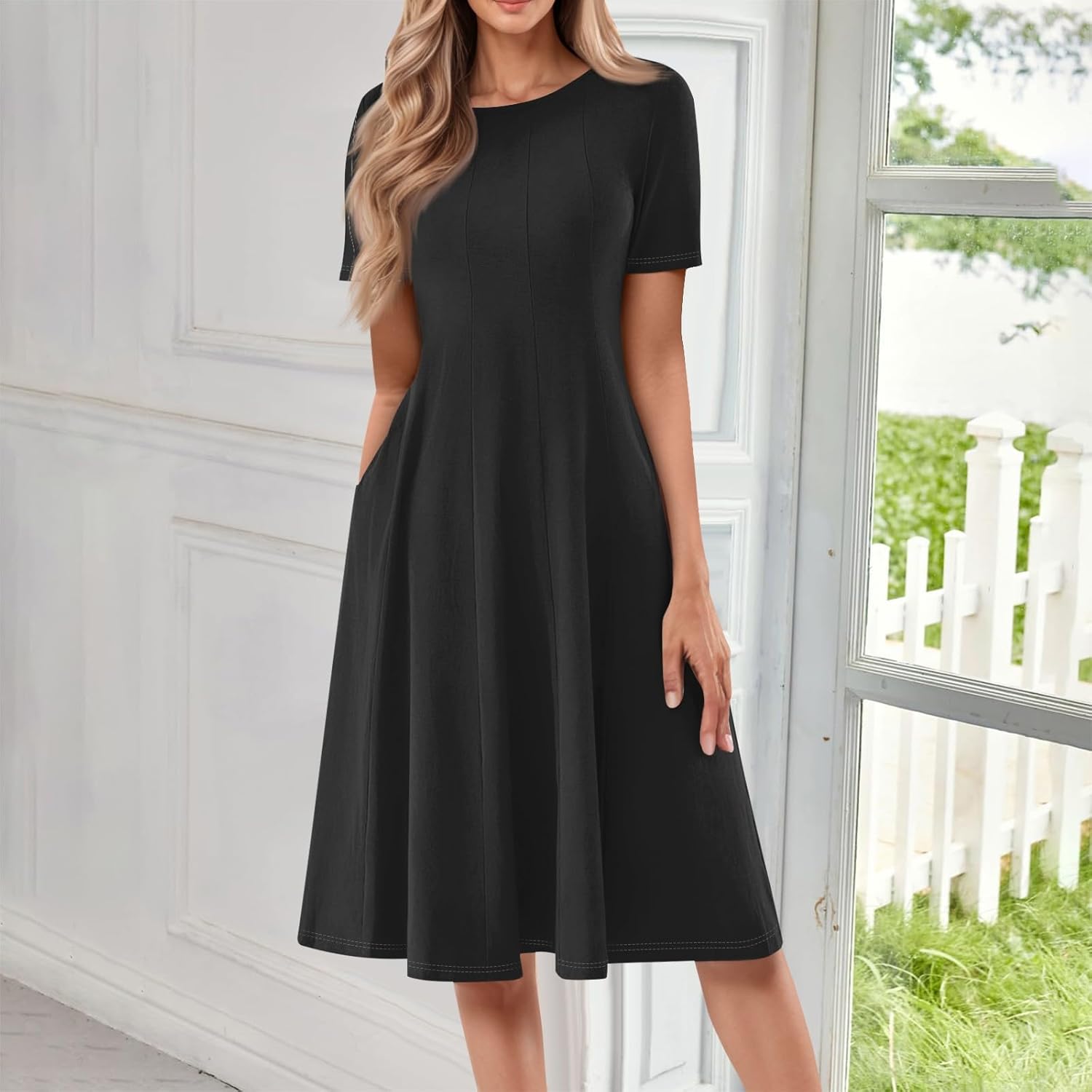 Summer Dresses for Women 2025 Crew Neck Short Sleeve Boho Beach Vacation Floral/Solid Midi Sundresses with Pockets