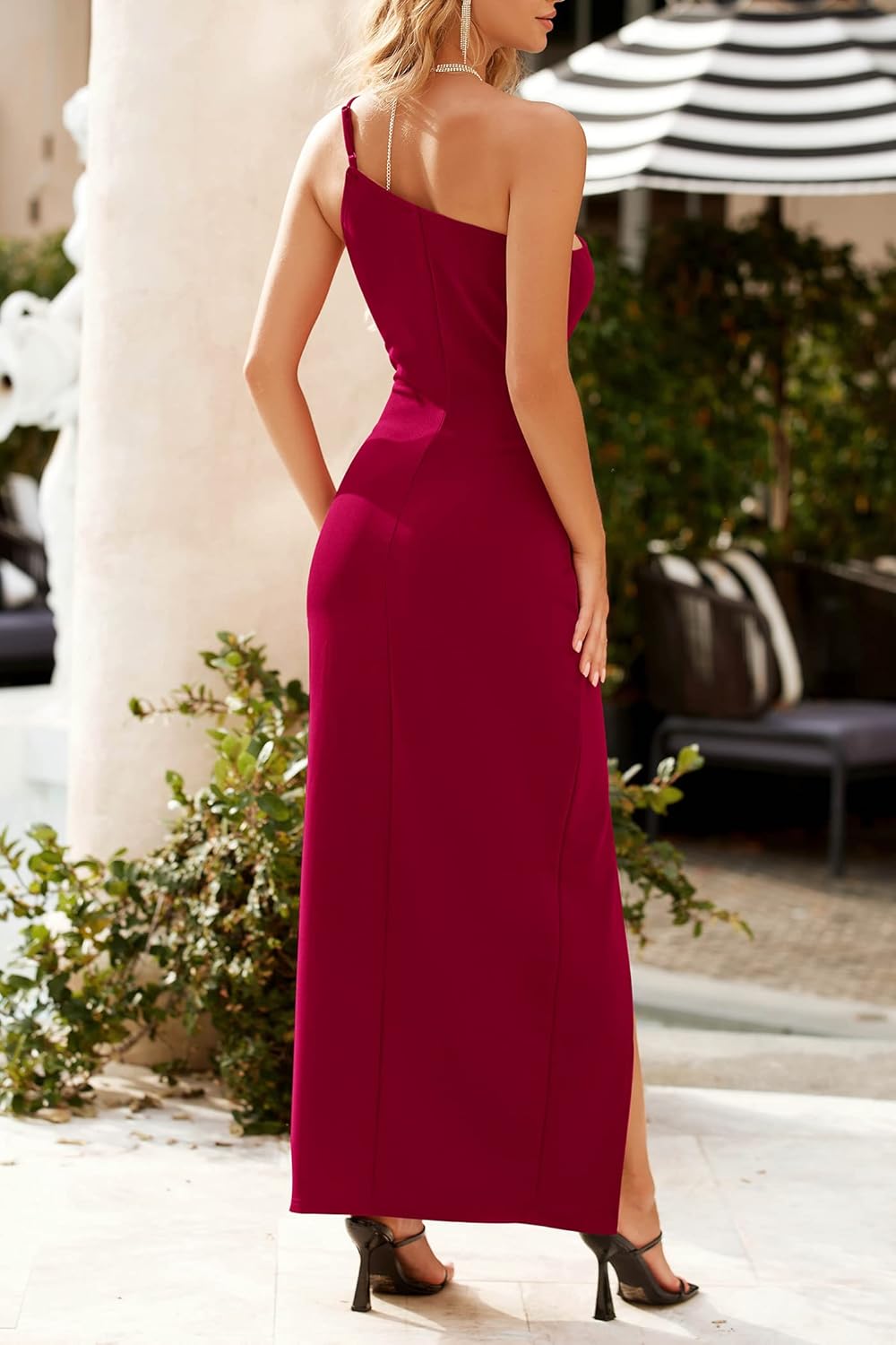 PRETTYGARDEN Women's Summer Formal Wedding Guest Dresses One Shoulder Spaghetti Strap High Slit Maxi Bodycon Dress