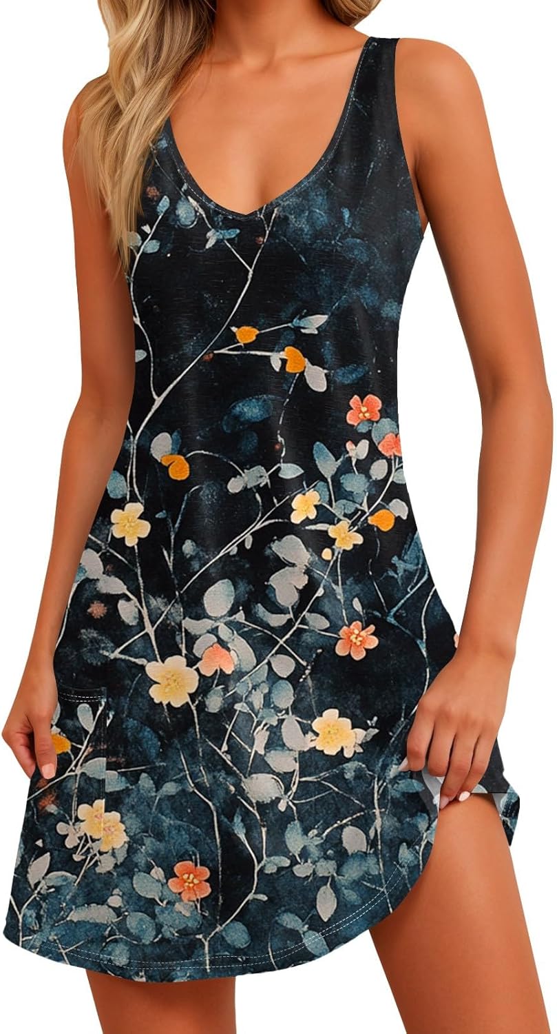 Women's Sleeveless Floral Print Summer Dress Casual V-Neck A-Line Mini Dress for Beach Party and Daily Wear
