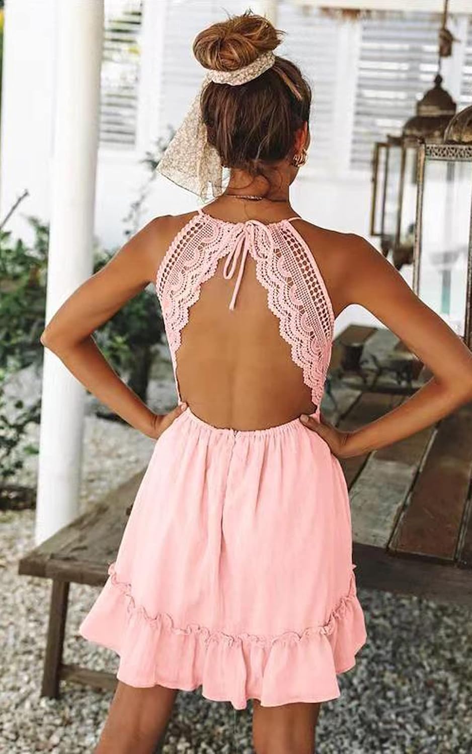ECOWISH Summer Dresses for Women 2025 V-Neck Spaghetti Strap Bowknot Backless Sleeveless Lace Mini Swing Skater Dress