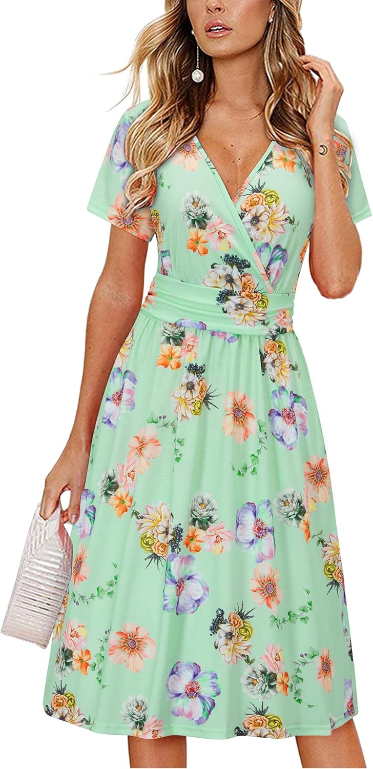OUGES Women's Summer Short Sleeve V-Neck Floral Short Party Dress with Pockets