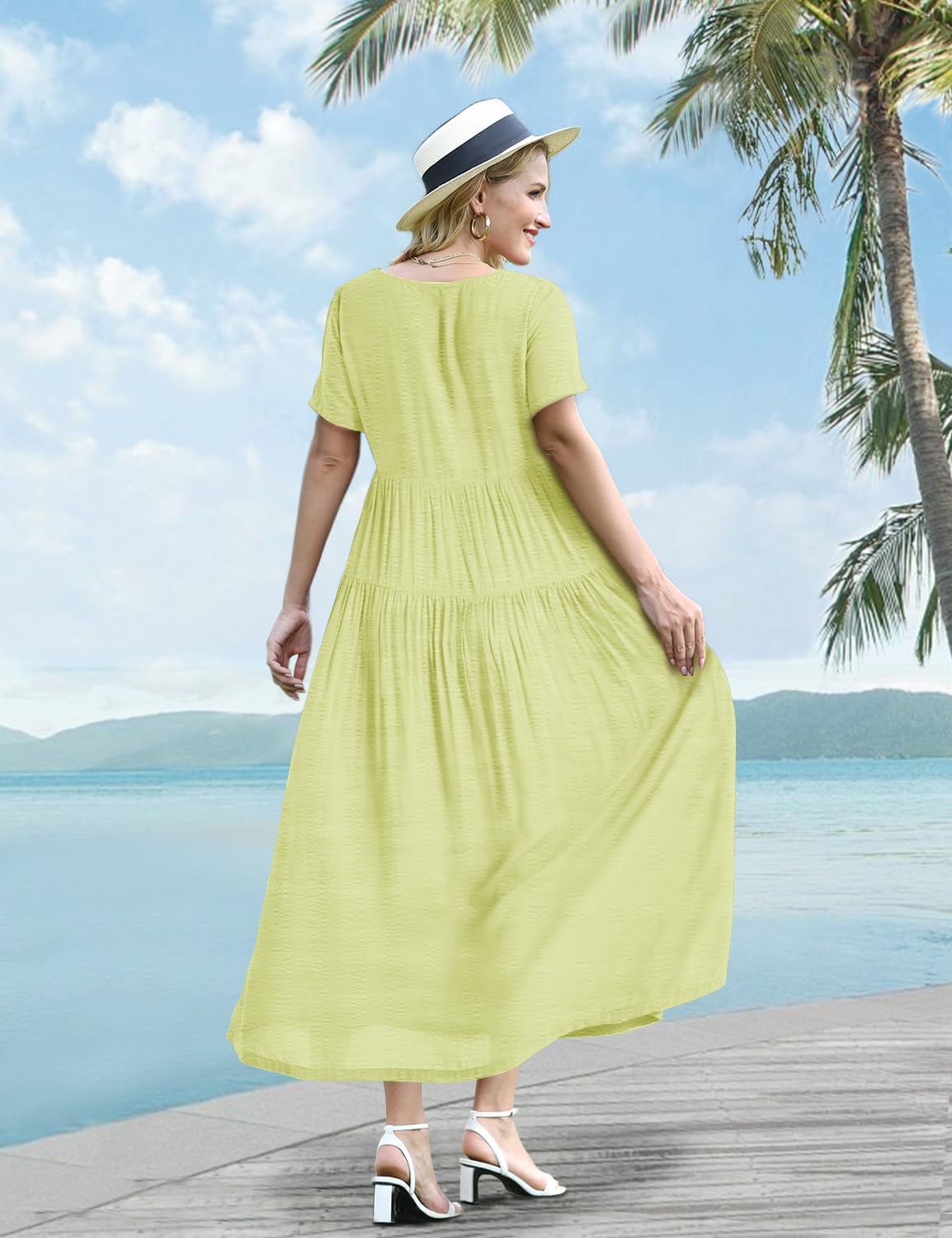 YESNO Women Casual Loose Bohemian Floral Dress with Pockets Short Sleeve Long Maxi Summer Beach Swing Dress EJF
