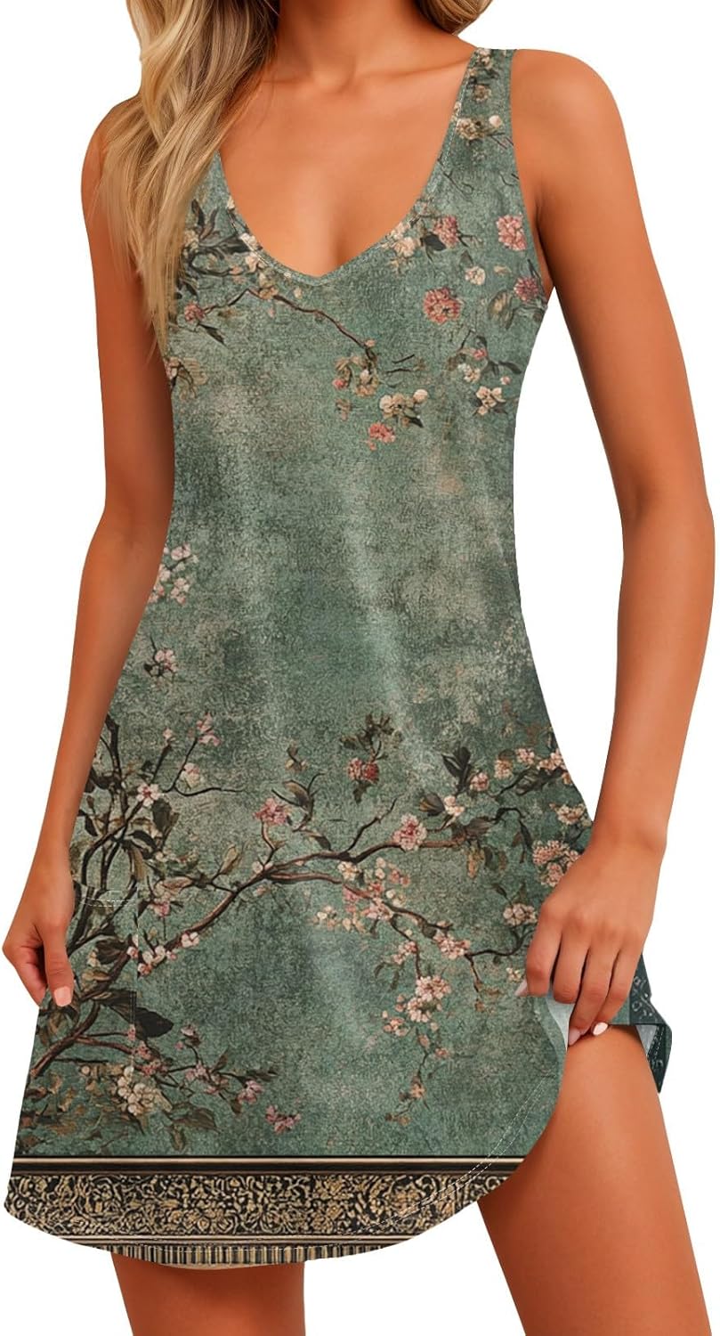 Women's Sleeveless Floral Print Summer Dress Casual V-Neck A-Line Mini Dress for Beach Party and Daily Wear