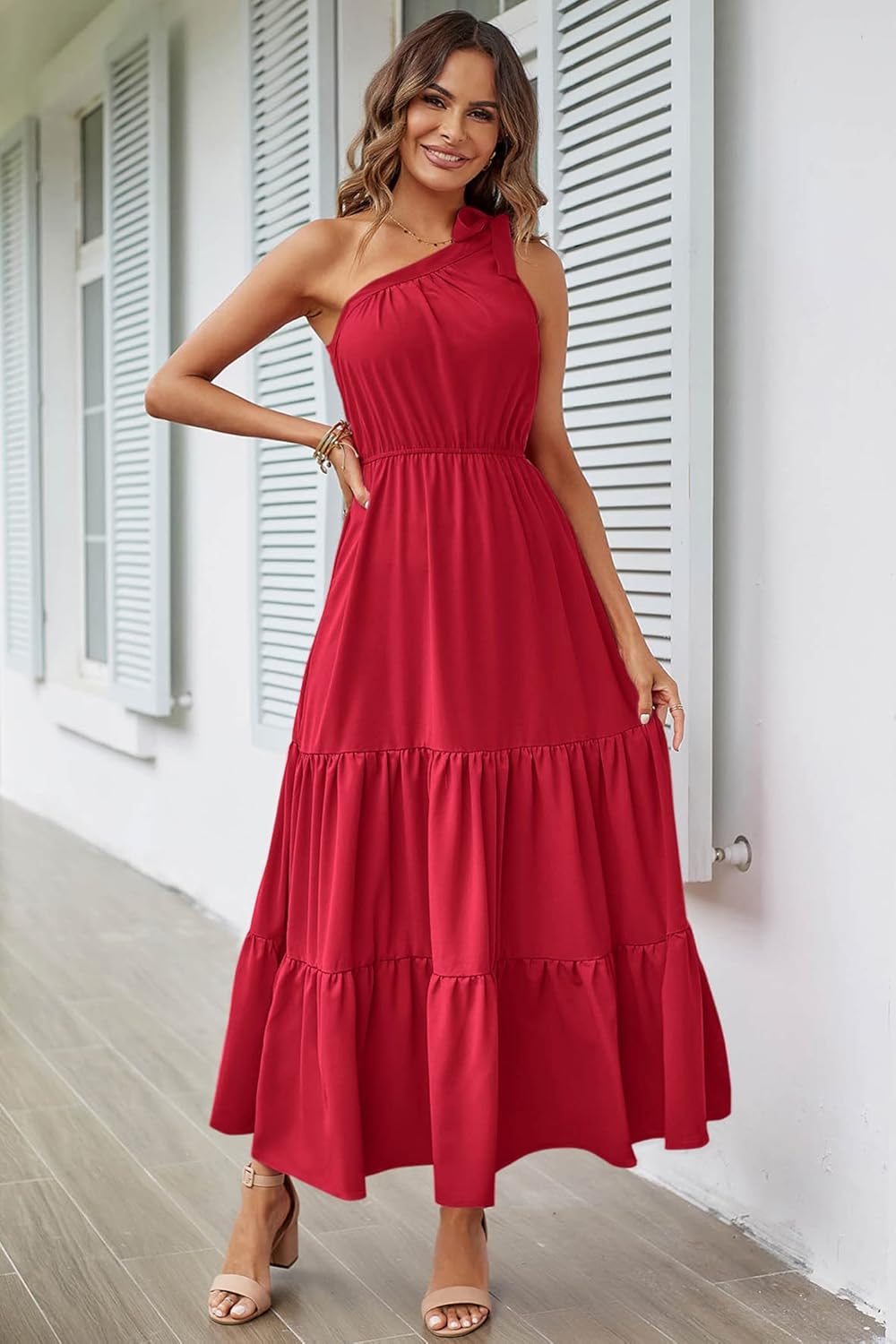 PRETTYGARDEN Women's Summer Floral Maxi Dress Knot One Shoulder Sleeveless Ruffle Flowy Boho Beach Wedding Guest Dresses