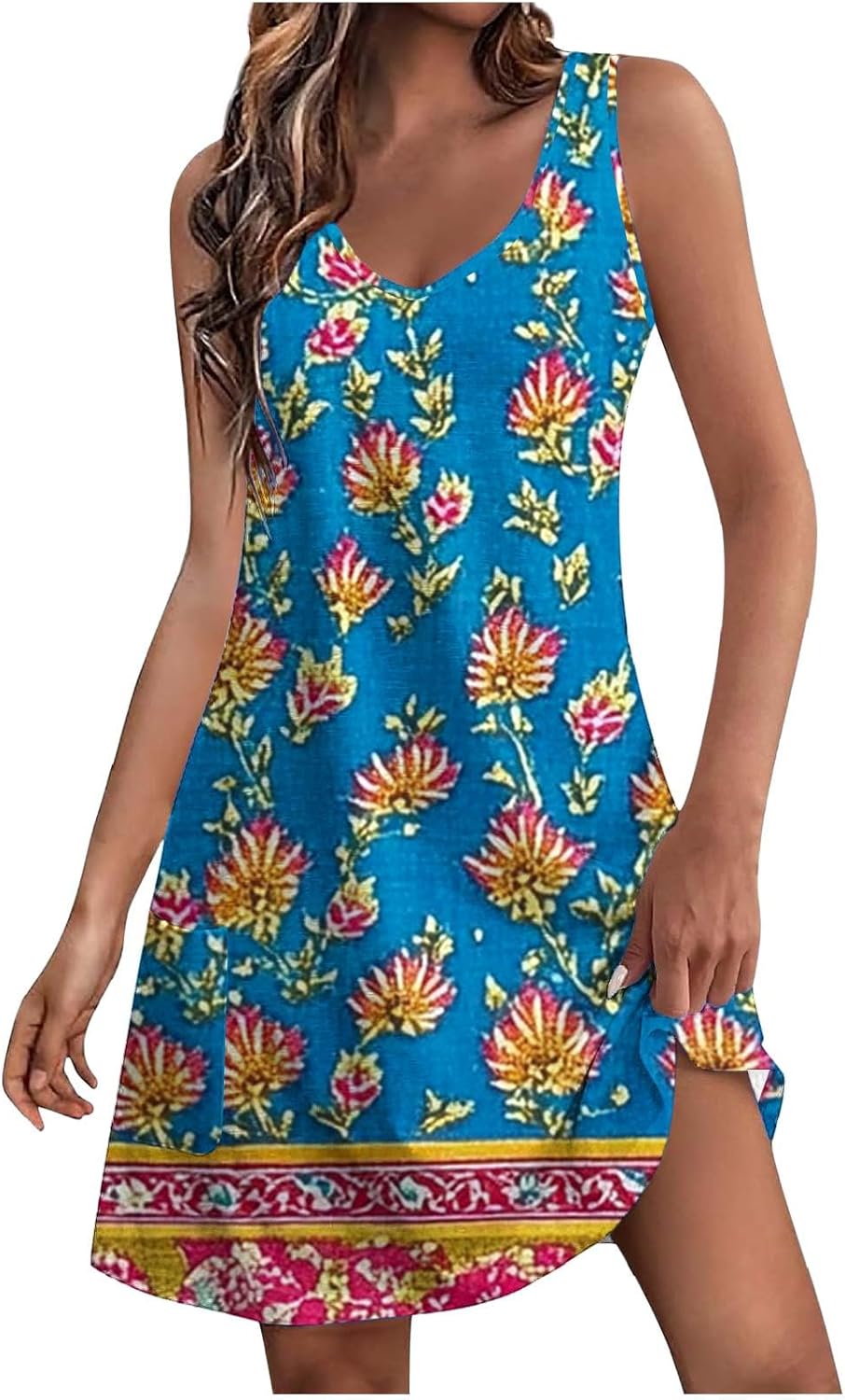 Womens 2025 Spring Summer Dresses Casual Floral Print V-Neck Tank Dress Curve Hem Pleated A-Line Sundresses