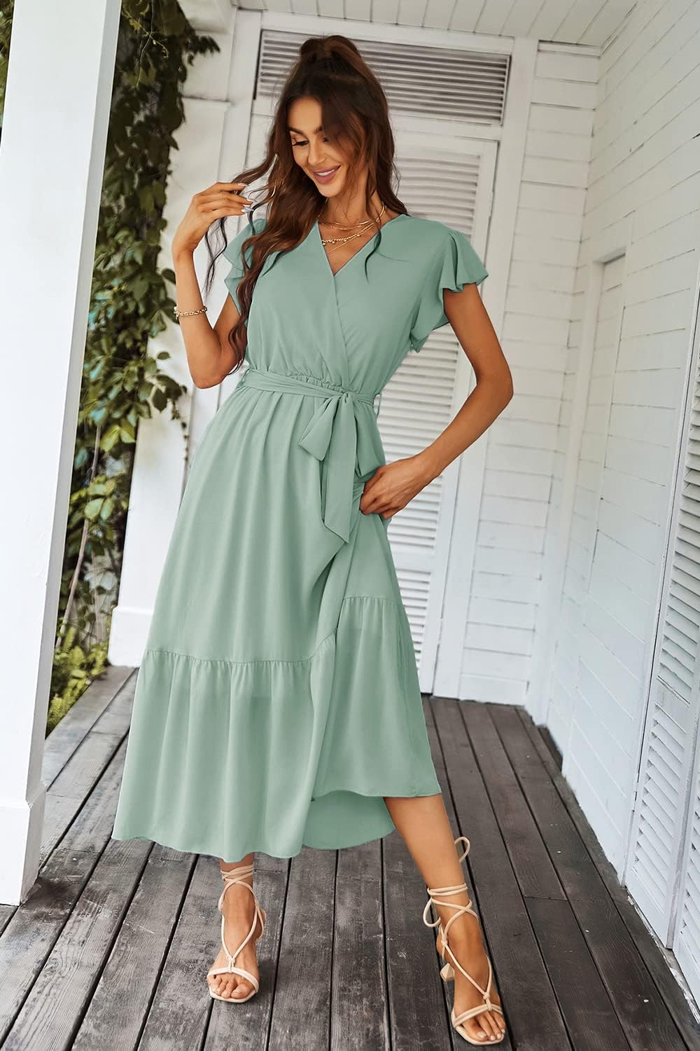 PRETTYGARDEN Women's Summer Floral Boho Dress Wrap V Neck Short Sleeve Ruffle A-Line Flowy Maxi Wedding Guest Dresses