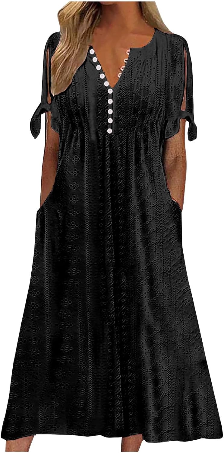 Boho Dresses for Women 2024 Fashion Summer Short Sleeve Eyelet Notch V Neck Sundress Beach Casual Maxi Long Dress