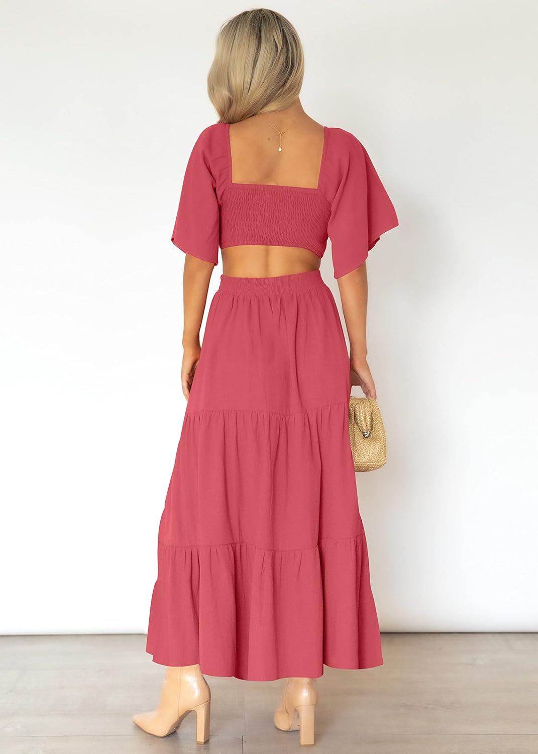 LEANI Women's 2025 Summer Cutout Maxi Dress Square Neck Short Sleeve Crossover Waist Casual Party Dresses
