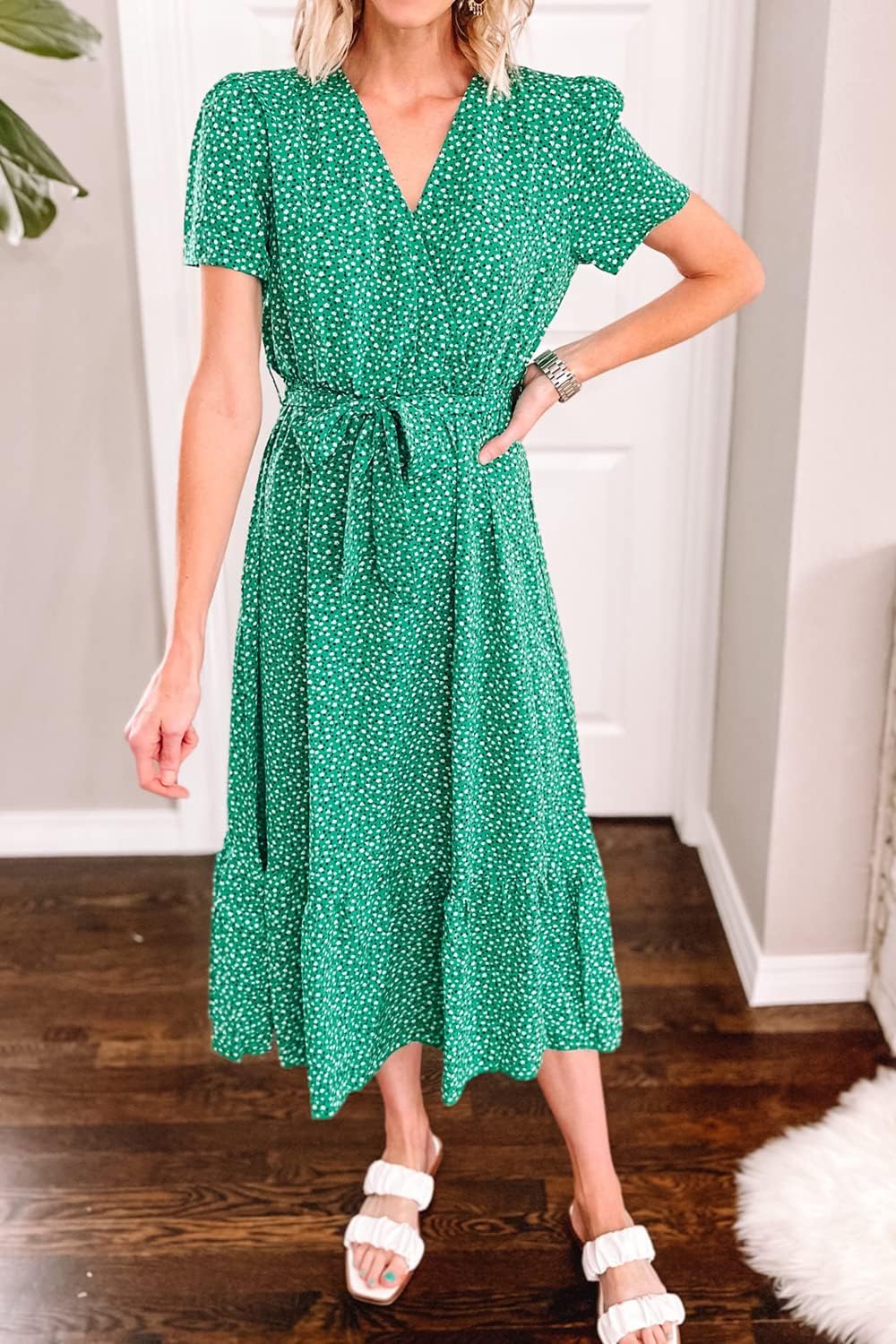 PRETTYGARDEN Women's Summer Floral Boho Dress Wrap V Neck Short Sleeve Ruffle A-Line Flowy Maxi Wedding Guest Dresses