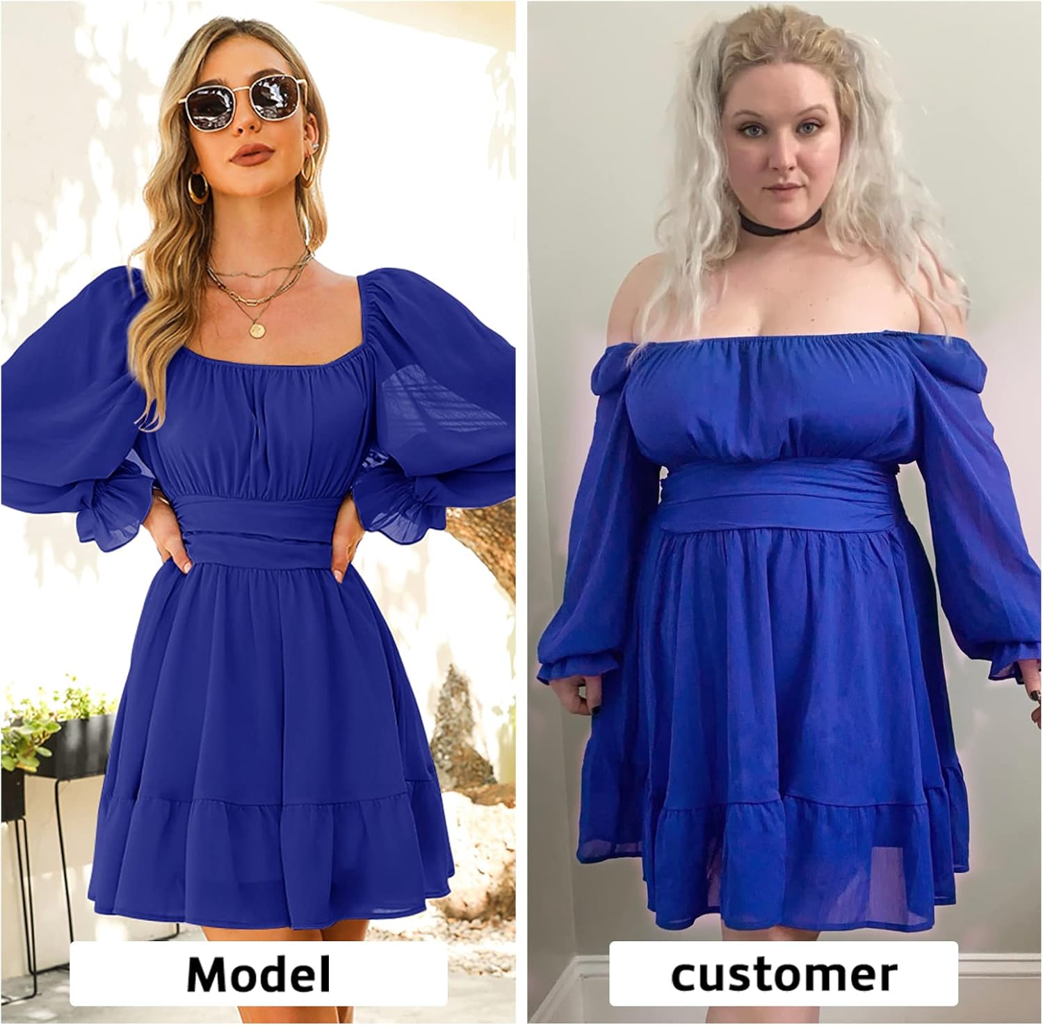 EXLURA Women's 2025 Casual Long Lantern Sleeve Dresses Square Neck Ruffle Tie Back Elastic Waist Aline Short Mini Dress