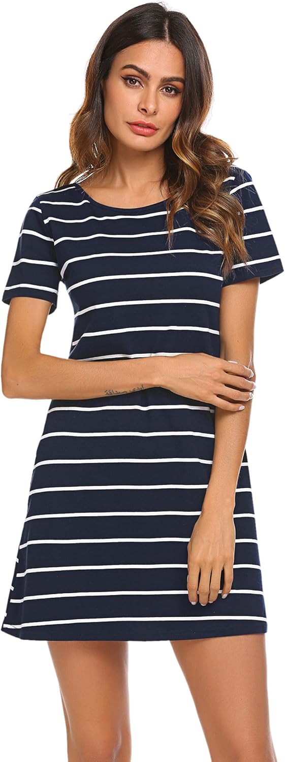 Feager Women's Casual Striped Criss Cross Short Sleeve T Shirt Dress