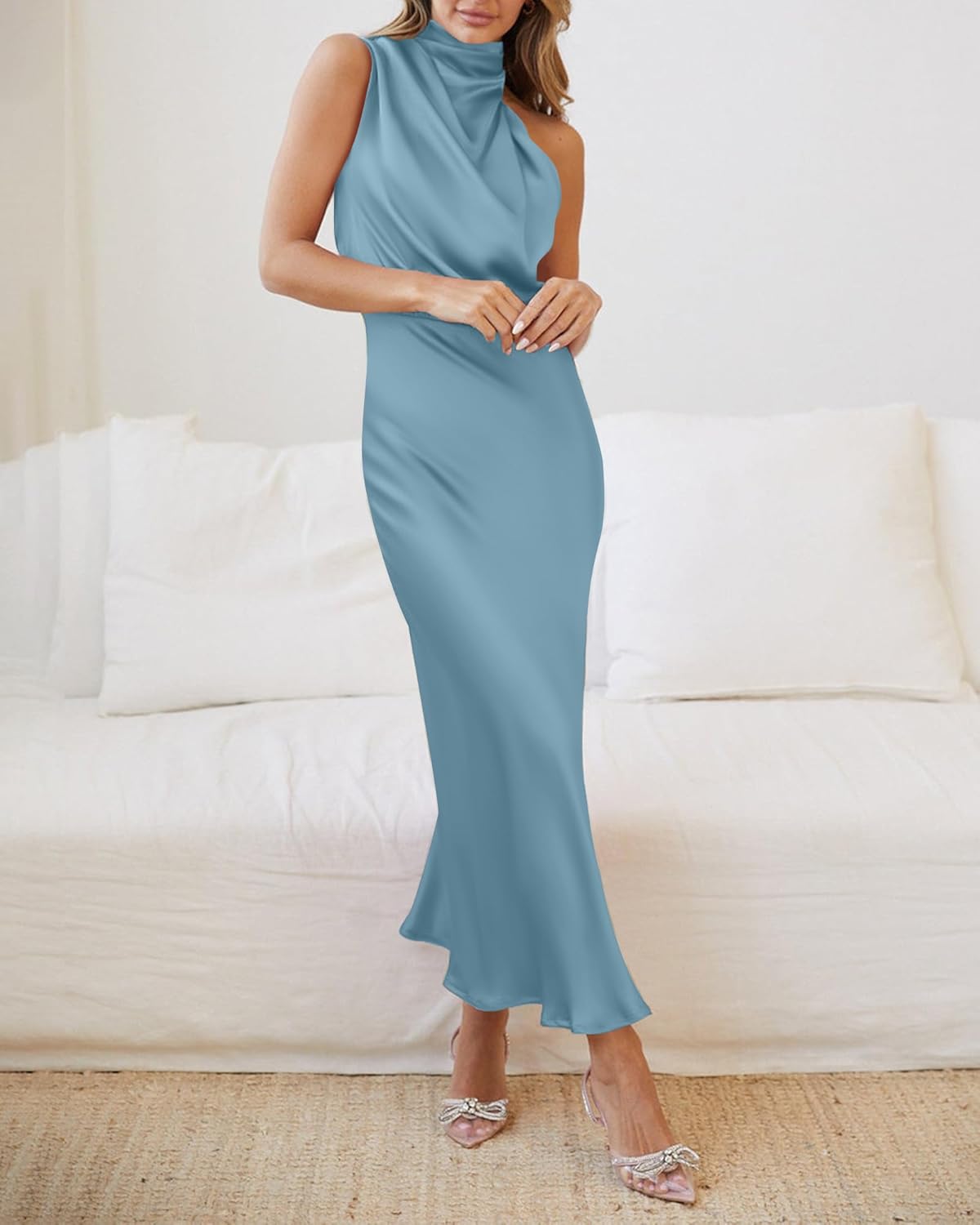 BTFBM Womens Sleeveless Cocktail Dresses Mock Neck Keyhole Elastic High Waist Evening Party Maxi Wedding Guest Dress