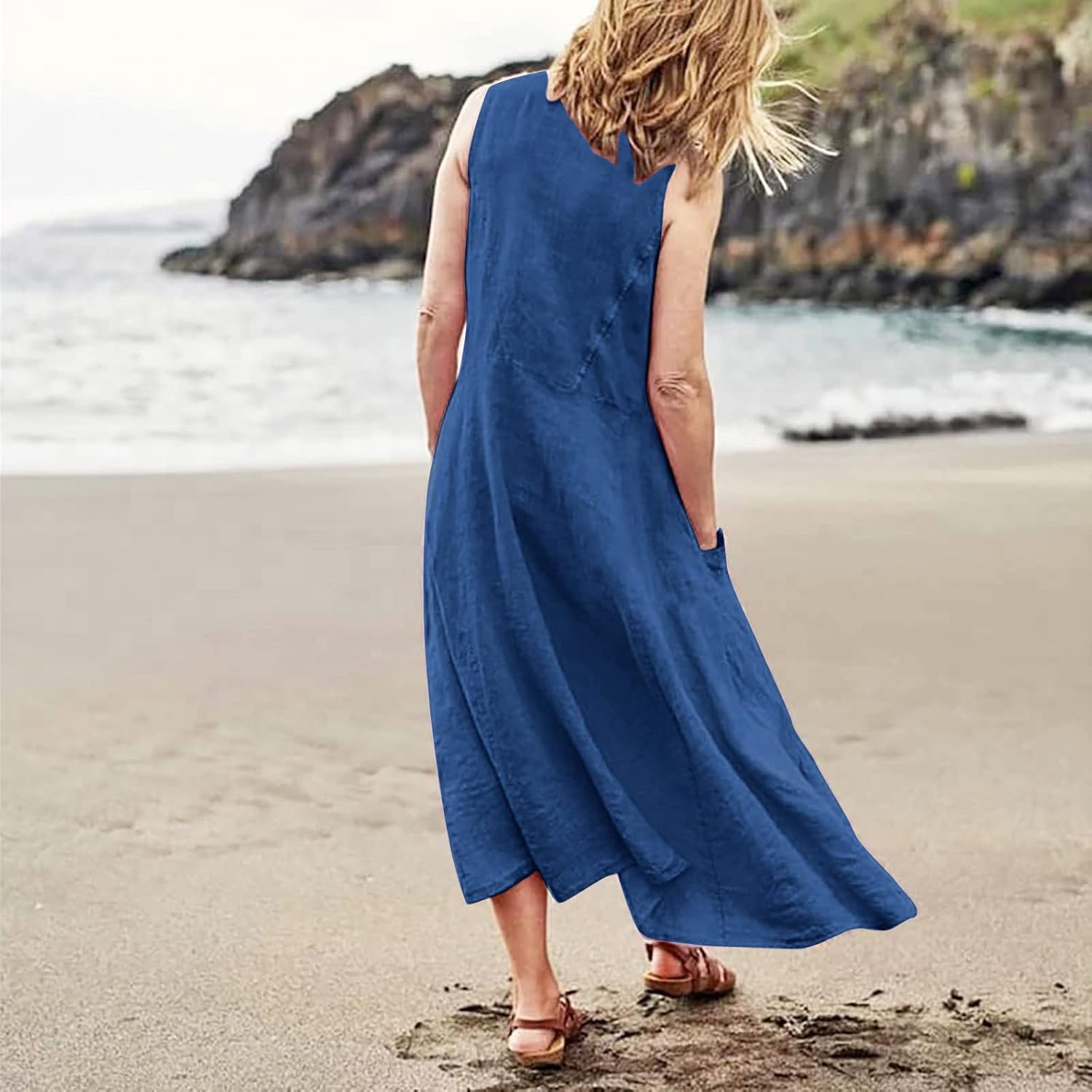 Women's Casual Sleeveless Dresses, Cotton Linen Pocket Dresses Summer Dresses for Women 2024 Sundresses Beach Dress