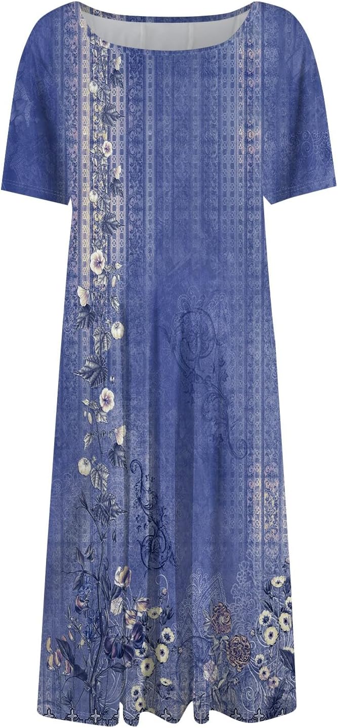 Summer Dresses for Women 2025 Crew Neck Short Sleeve Boho Beach Vacation Floral/Solid Midi Sundresses with Pockets