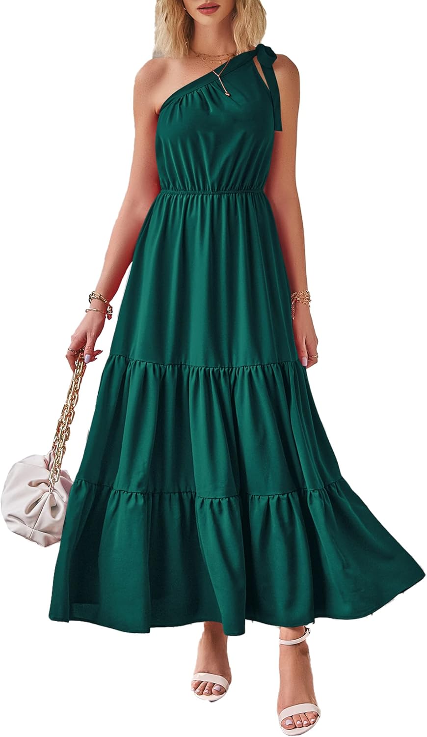 PRETTYGARDEN Women's Summer Floral Maxi Dress Knot One Shoulder Sleeveless Ruffle Flowy Boho Beach Wedding Guest Dresses
