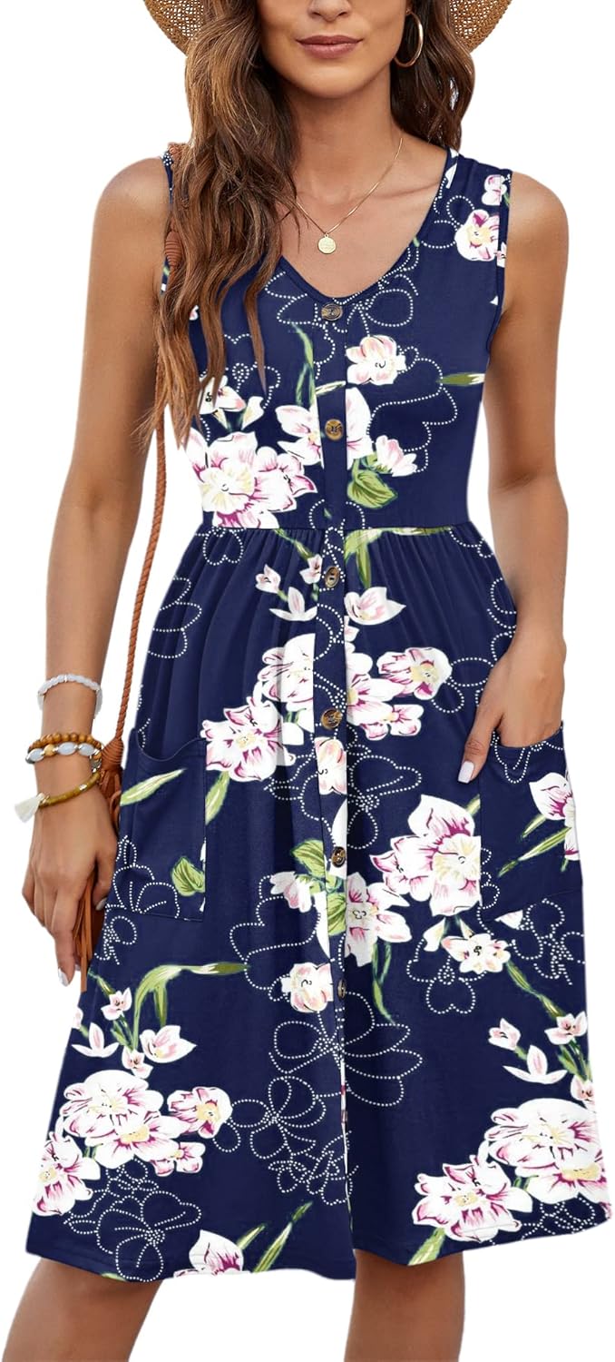 MOLERANI Women Summer Dresses Sleeveless Casual Loose Swing Button Down Midi Dress with Pockets