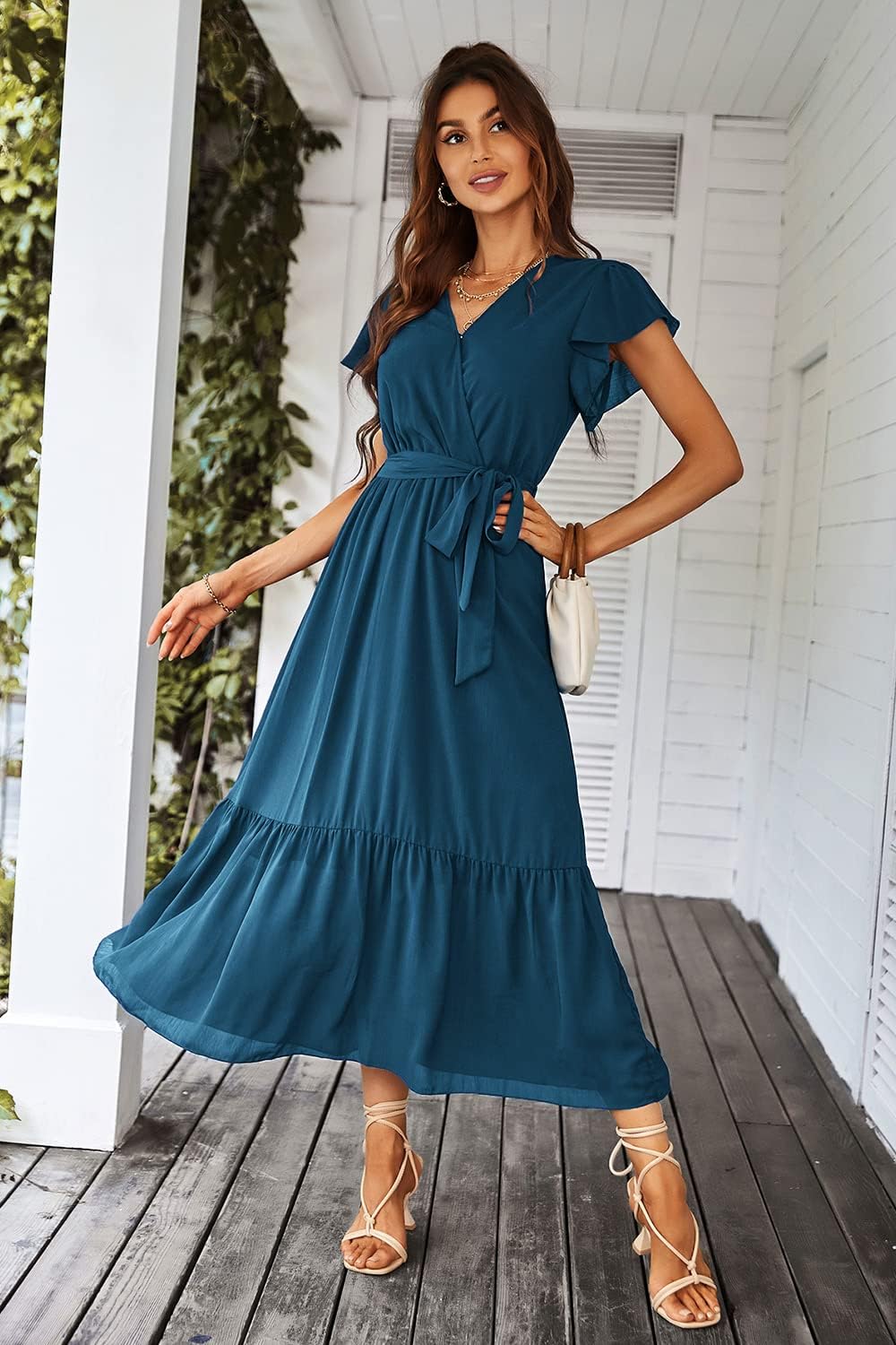 PRETTYGARDEN Women's Summer Floral Boho Dress Wrap V Neck Short Sleeve Ruffle A-Line Flowy Maxi Wedding Guest Dresses