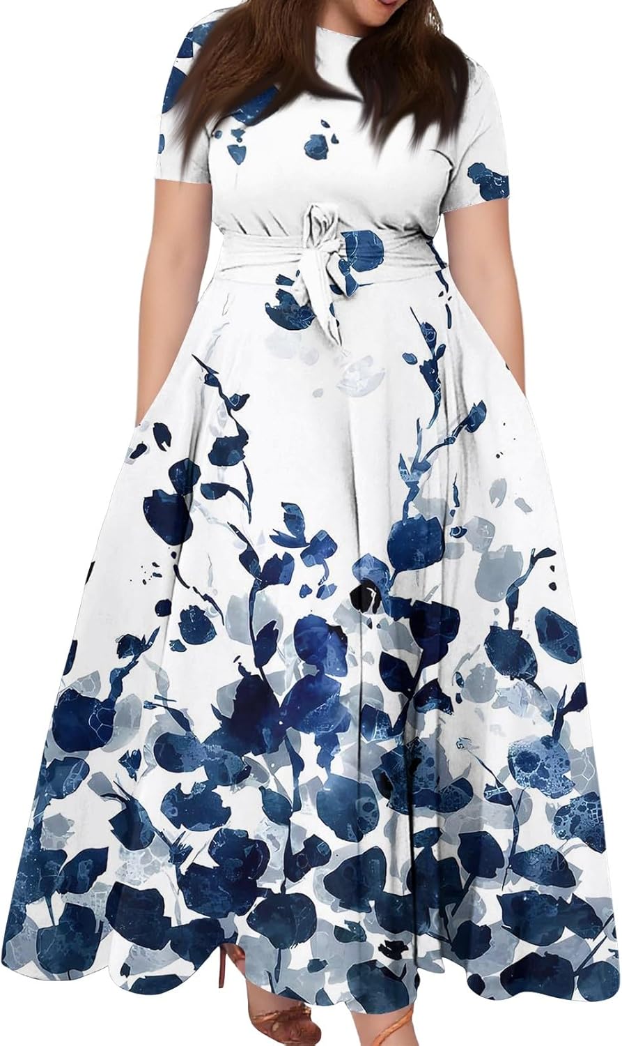 ZEFOTIM Maxi Dress for Women Plus Size Cute Floral Dress Short Sleeve Crew Neck Dresses