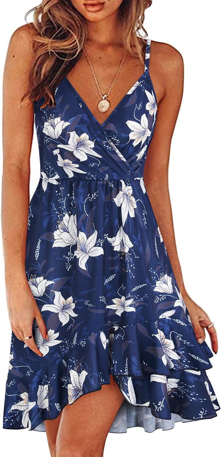 ULTRANICE Womens Summer Dresses Floral V Neck Ruffled Hem Spaghetti Spring Casual Beach Outfits Flowy Wrap Sun Dress