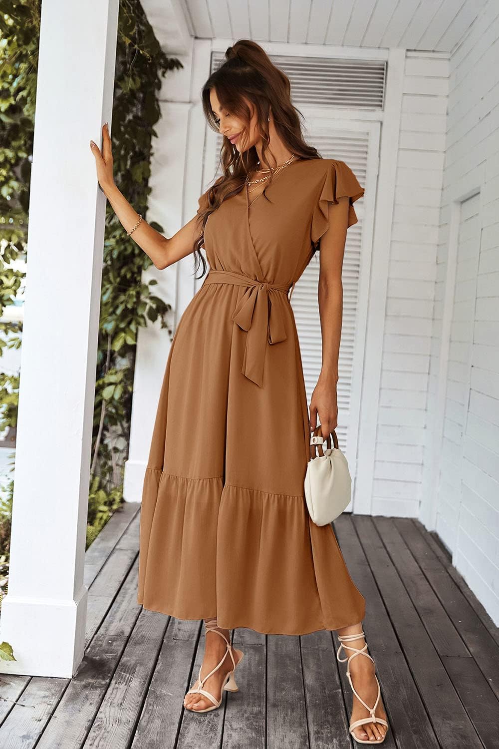 PRETTYGARDEN Women's Summer Floral Boho Dress Wrap V Neck Short Sleeve Ruffle A-Line Flowy Maxi Wedding Guest Dresses