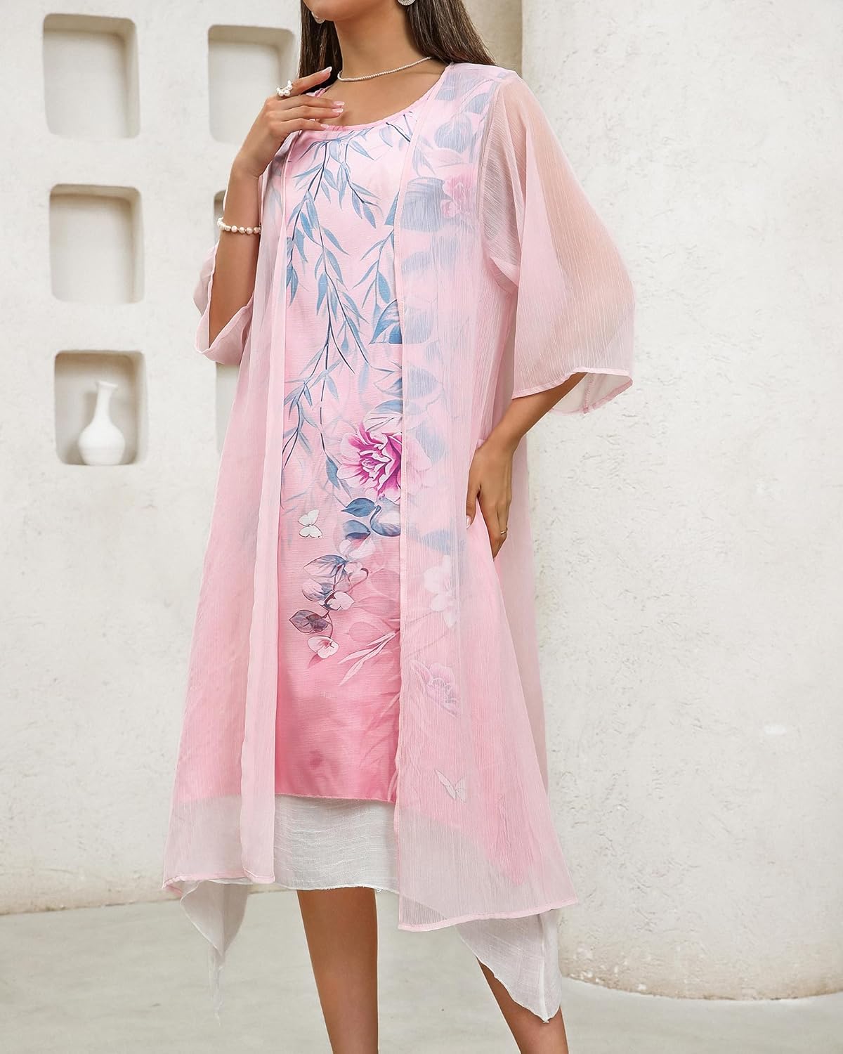 Honwenle Women's Linen Dress 2 Piece Outfit Floral Sleeveless Loose Maxi Summer Dresses with Jacket Formal Casual