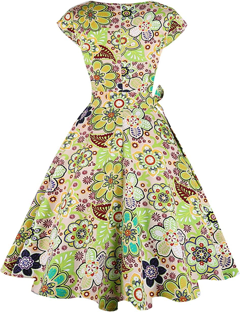 PUKAVT Women's 1950 Boatneck Cap Sleeve Vintage Swing Cocktail Party Dress with Pockets