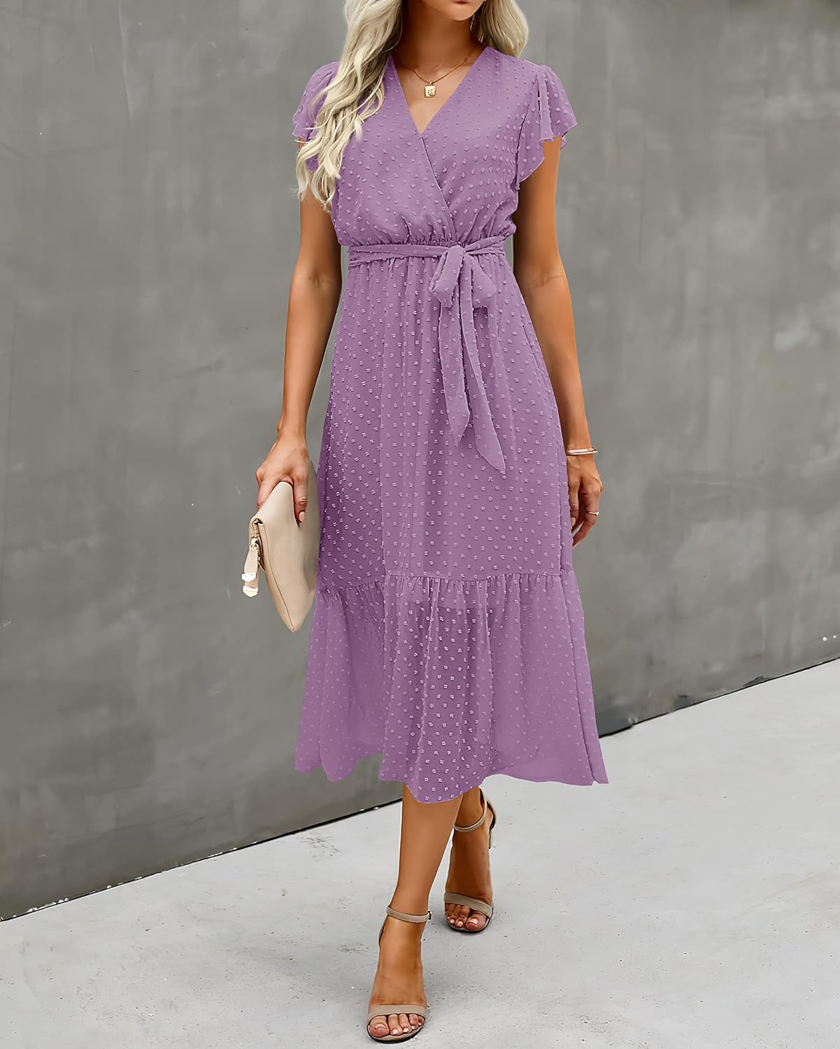 BTFBM Women Summer Bohemian Floral Casual Wrap V Neck Ruffle Cap Sleeveless Belt A-Line Pleated Hem Midi Sun Dress White