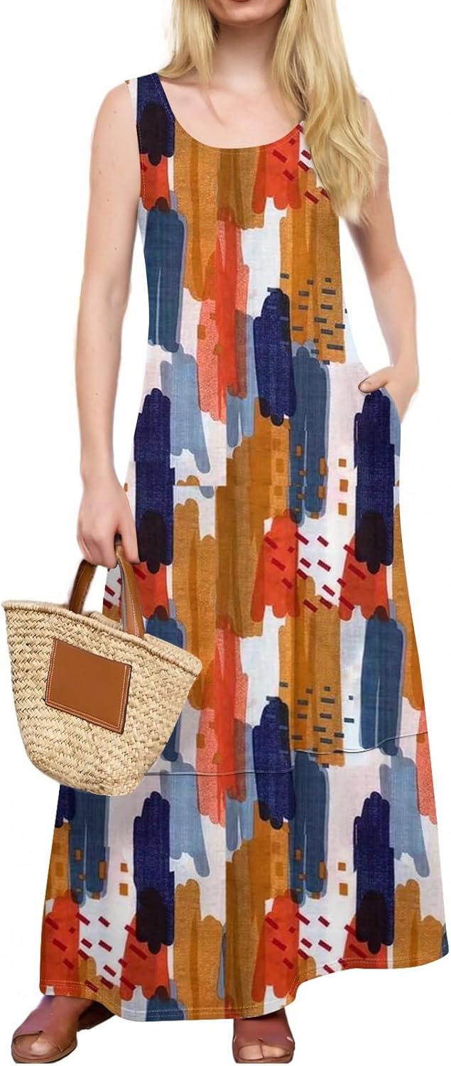 Womens Summer Tank Dress Vacation Boho Floral Long Dresses with Pockets Resort Wear Swing Beach Sleeveless Sundress
