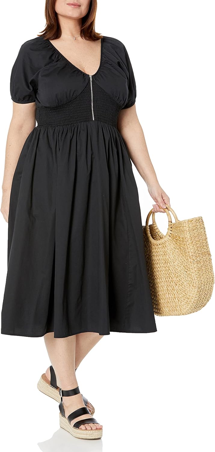 The Drop Women's Daksha Cotton Smocked Zipper Detail Dress, Black, XS
