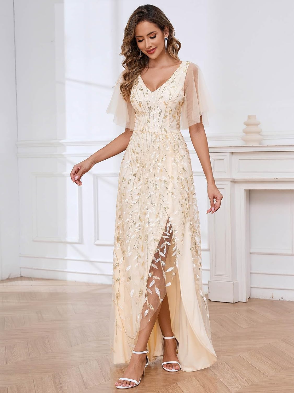 Women's Short Sleeve Mother of The Bride Dresses for Wedding Sparkly Sequin Long Formal Evening Dresses