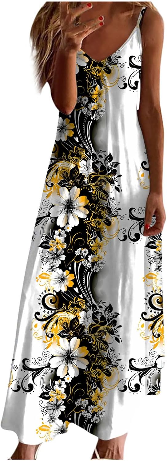 Womens Floral Maxi Dresses Spaghetti Strap Casual Summer Long Dress Vneck Flowy Boho Beach Sundress Vacation Outfits