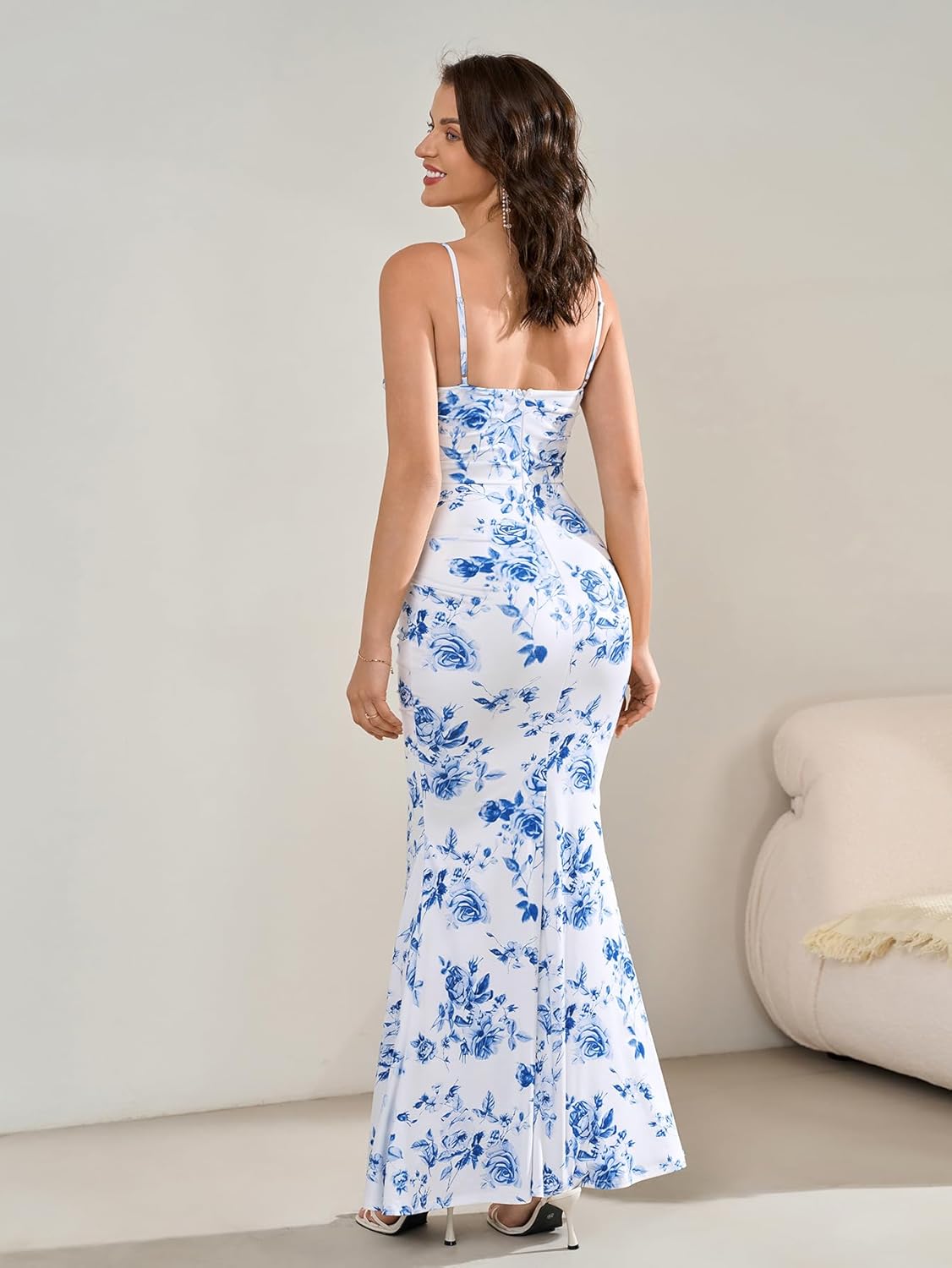 EYNMIN Women's Sleeveless Bodycon Corset Maxi Dress Spaghetti Strap Ruched Elegant Evening Wedding Guest Long Formal Dresses