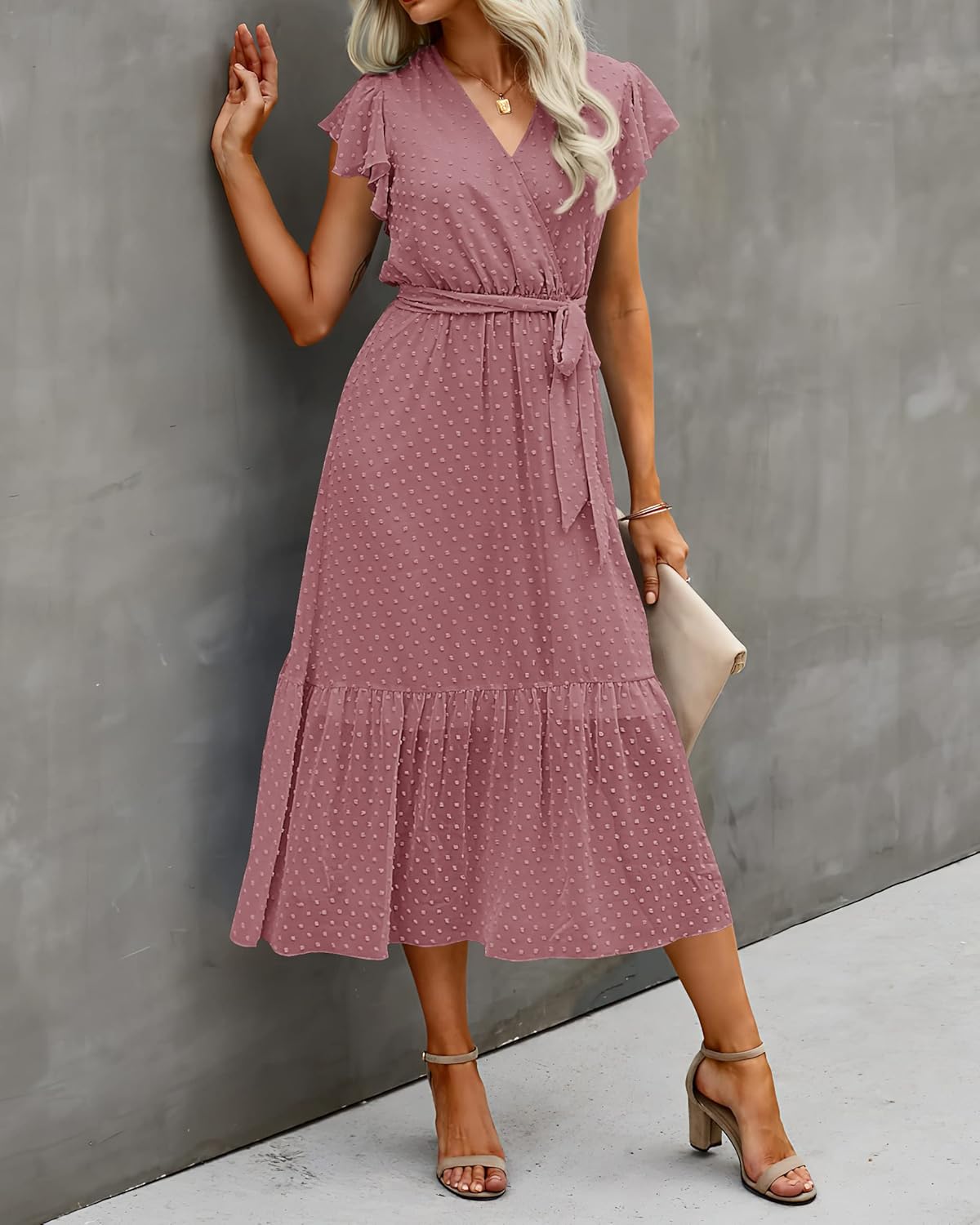 BTFBM Women Summer Bohemian Floral Casual Wrap V Neck Ruffle Cap Sleeveless Belt A-Line Pleated Hem Midi Sun Dress White