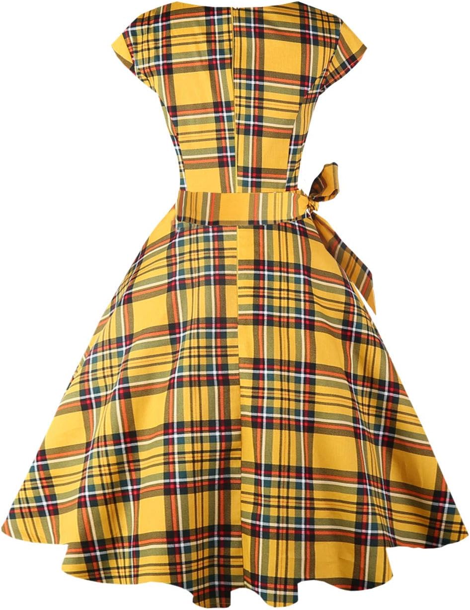 PUKAVT Women's 1950 Boatneck Cap Sleeve Vintage Swing Cocktail Party Dress with Pockets